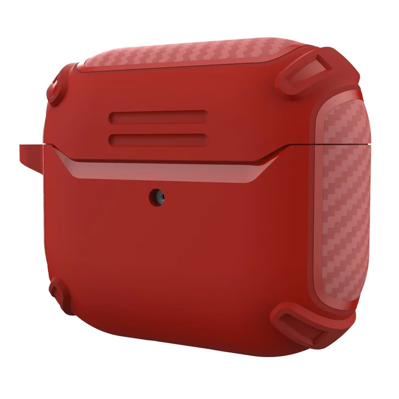 QUAD Element Series For Apple AirPods 3 Carbon Fiber Texture Earphone Case Soft TPU Full-Body Shockproof Cover with Keychain - Red