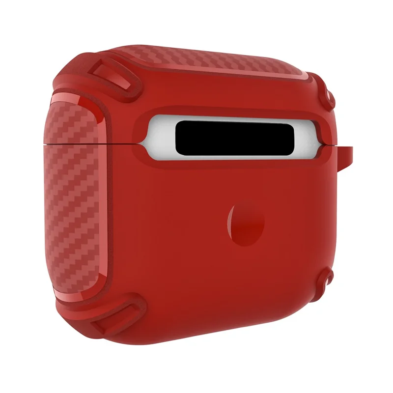 QUAD Element Series For Apple AirPods 3 Carbon Fiber Texture Earphone Case Soft TPU Full-Body Shockproof Cover with Keychain - Red