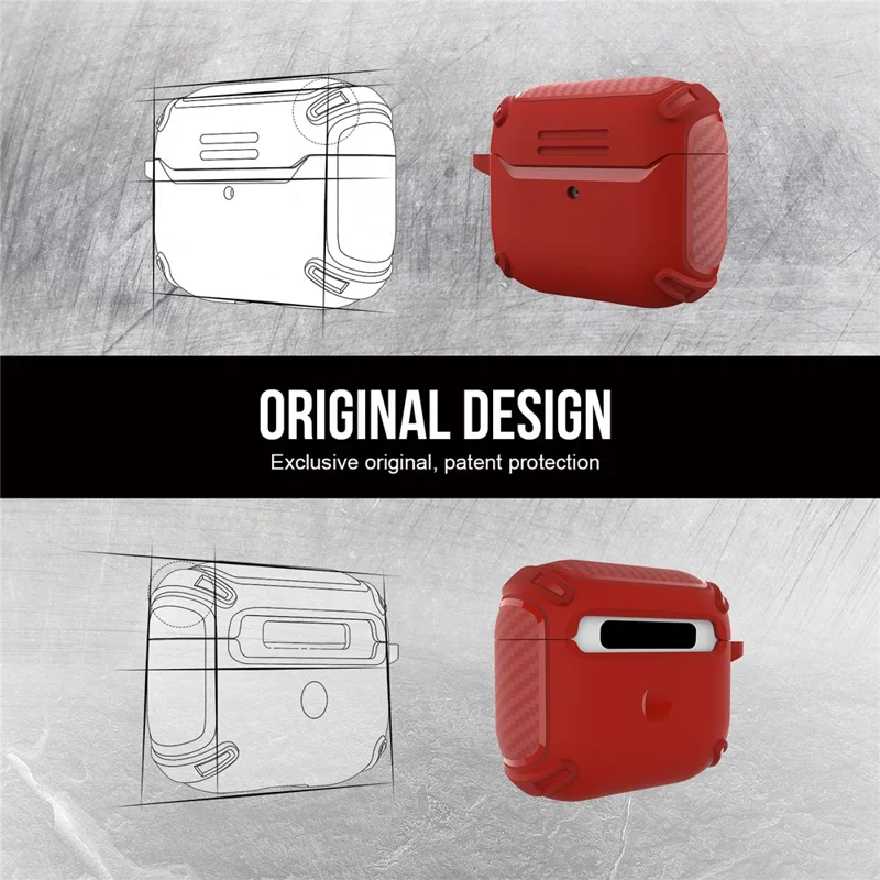 QUAD Element Series For Apple AirPods 3 Carbon Fiber Texture Earphone Case Soft TPU Full-Body Shockproof Cover with Keychain - Red