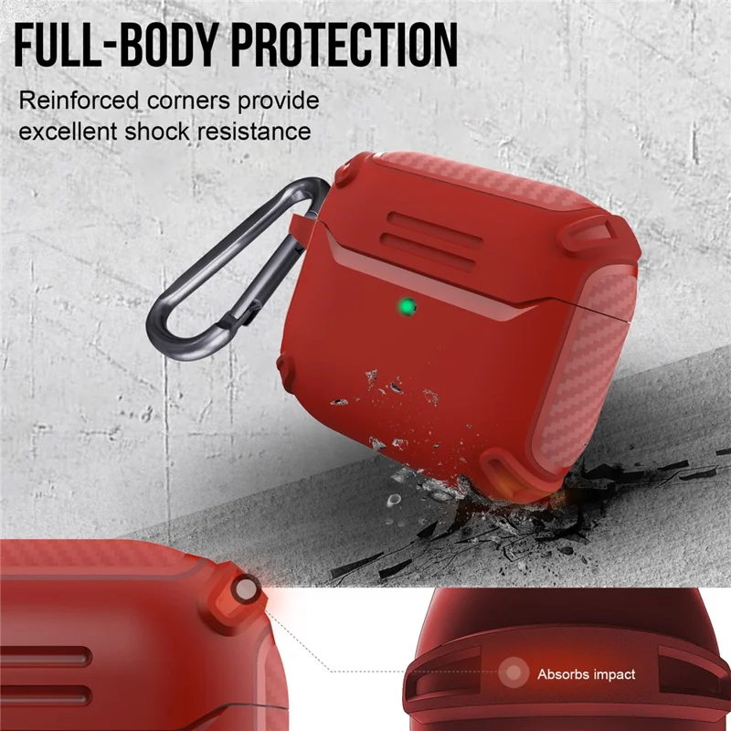 QUAD Element Series For Apple AirPods 3 Carbon Fiber Texture Earphone Case Soft TPU Full-Body Shockproof Cover with Keychain - Red