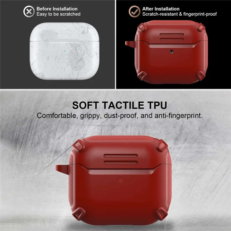 QUAD Element Series For Apple AirPods 3 Carbon Fiber Texture Earphone Case Soft TPU Full-Body Shockproof Cover with Keychain - Red