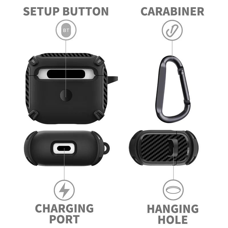 QUAD Element Series For Apple AirPods 3 Carbon Fiber Texture Earphone Case Soft TPU Full-Body Shockproof Cover with Keychain - Red