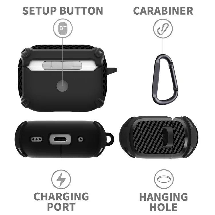 QUAD Element Series For AirPods Pro 2 Soft TPU Skin Cover Carbon Fiber Texture Anti-Slip Earphone Case with Keychain - Black