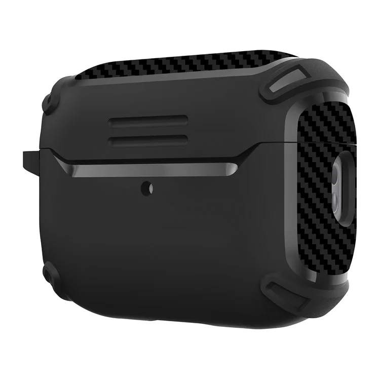 QUAD Element Series For AirPods Pro 2 Soft TPU Skin Cover Carbon Fiber Texture Anti-Slip Earphone Case with Keychain - Black