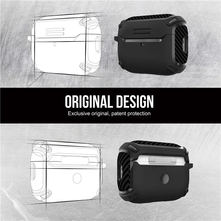QUAD Element Series For AirPods Pro 2 Soft TPU Skin Cover Carbon Fiber Texture Anti-Slip Earphone Case with Keychain - Black