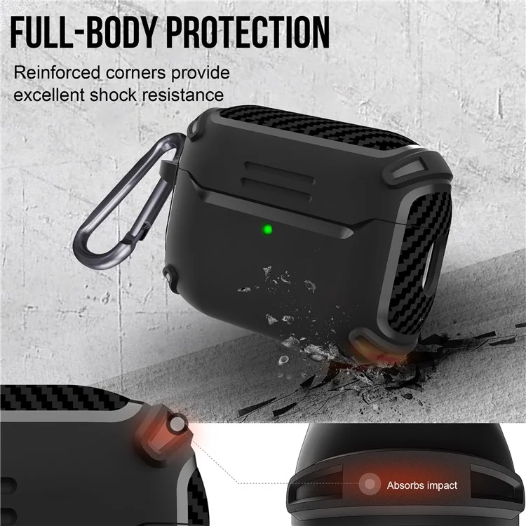QUAD Element Series For AirPods Pro 2 Soft TPU Skin Cover Carbon Fiber Texture Anti-Slip Earphone Case with Keychain - Black