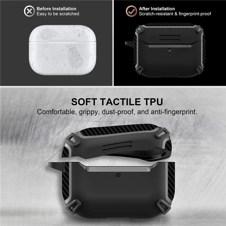 QUAD Element Series For AirPods Pro 2 Soft TPU Skin Cover Carbon Fiber Texture Anti-Slip Earphone Case with Keychain - Black