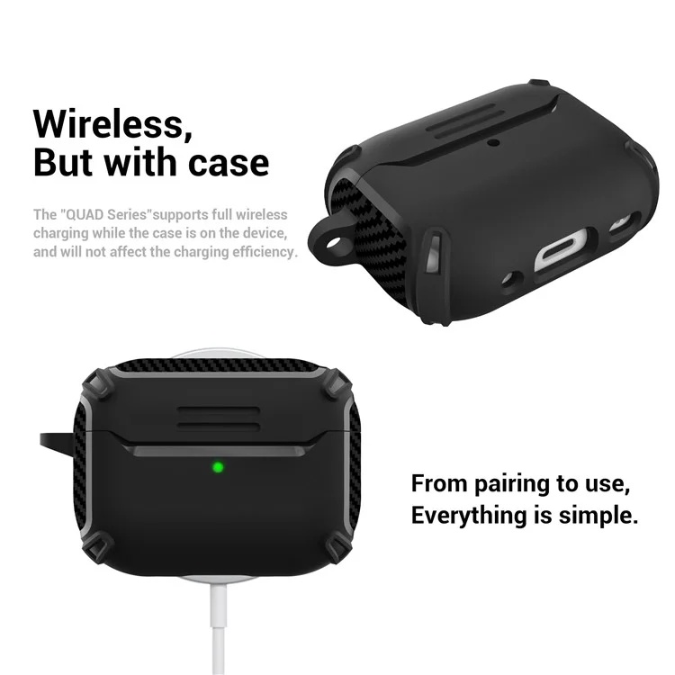QUAD Element Series For AirPods Pro 2 Soft TPU Skin Cover Carbon Fiber Texture Anti-Slip Earphone Case with Keychain - Black