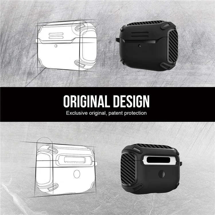 QUAD Element Series For Apple AirPods Pro Smooth TPU Protective Case Carbon Fiber Texture Scratch-Resistant Cover with Keychain - Black