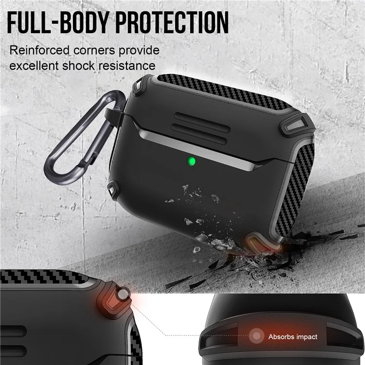 QUAD Element Series For Apple AirPods Pro Smooth TPU Protective Case Carbon Fiber Texture Scratch-Resistant Cover with Keychain - Black