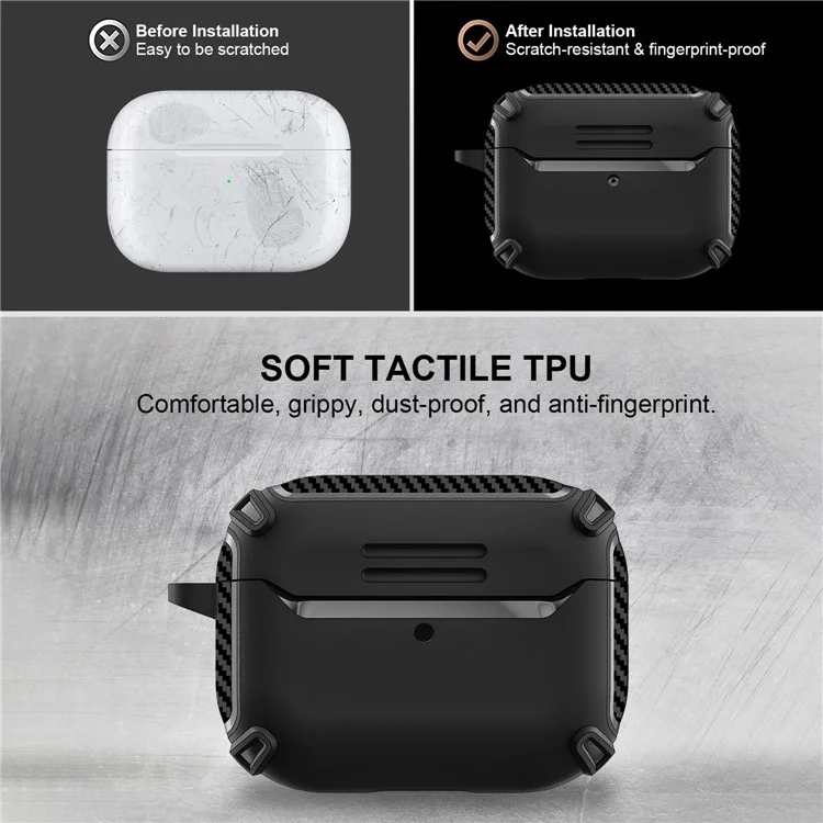 QUAD Element Series For Apple AirPods Pro Smooth TPU Protective Case Carbon Fiber Texture Scratch-Resistant Cover with Keychain - Black