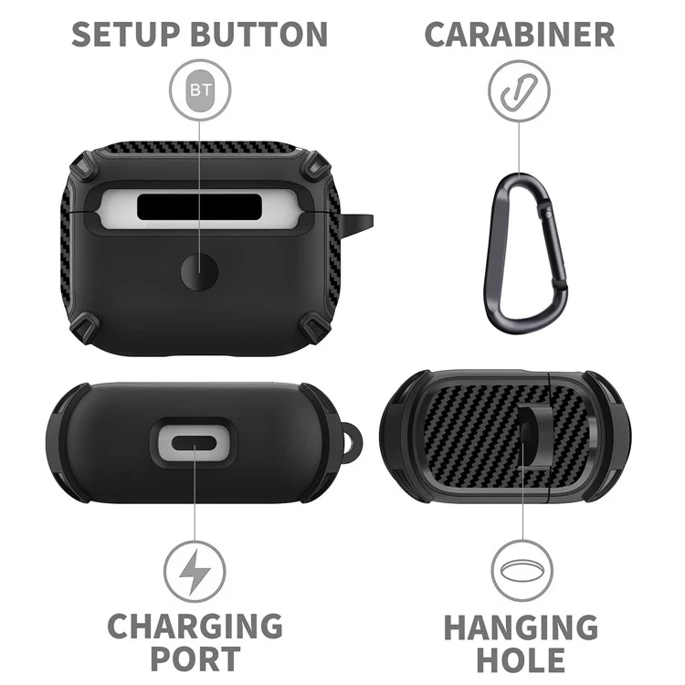 QUAD Element Series For Apple AirPods Pro Smooth TPU Protective Case Carbon Fiber Texture Scratch-Resistant Cover with Keychain - Black