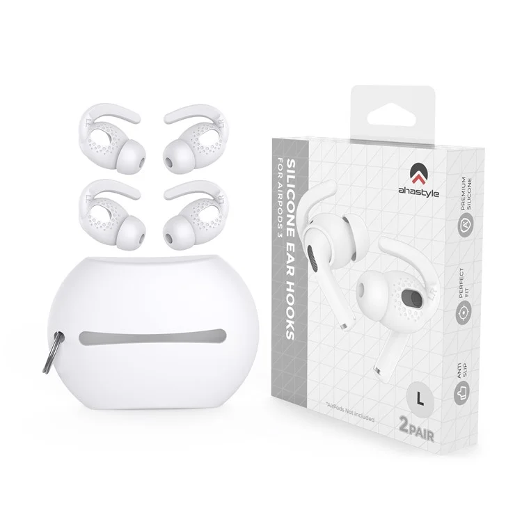 AHASTYLE PT40 2 Pairs L Size Earhook Eartips for Apple AirPods 3, Anti-slip Anti-lost Earbuds Sleeve Silicone Earphone Eartips - White