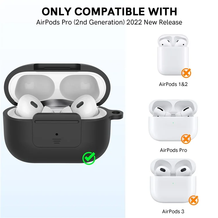 AHASTYLE WG108 Silicone Case for AirPods Pro 2 Case Cover Anti-Fall Integrated Bluetooth-compatible Headset Protector with Strap, Hook - Black