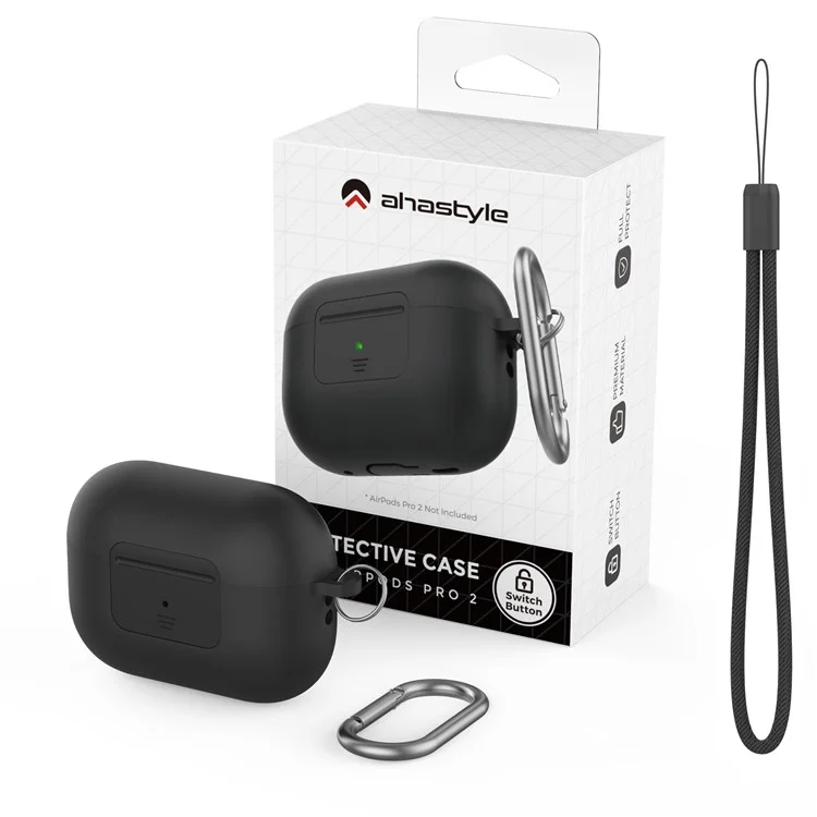 AHASTYLE WG108 Silicone Case for AirPods Pro 2 Case Cover Anti-Fall Integrated Bluetooth-compatible Headset Protector with Strap, Hook - Black