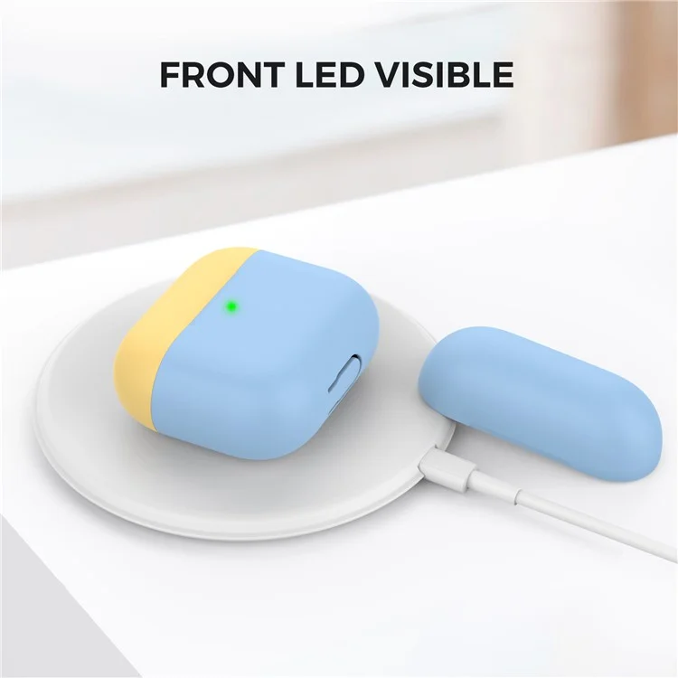 AHASTYLE PT147-2 Custodia in silicone per Apple AirPods 3 Case Dual Color TWS Headset Protective Case (2 cappucci + 1 corpo) - Blu cielo / Giallo