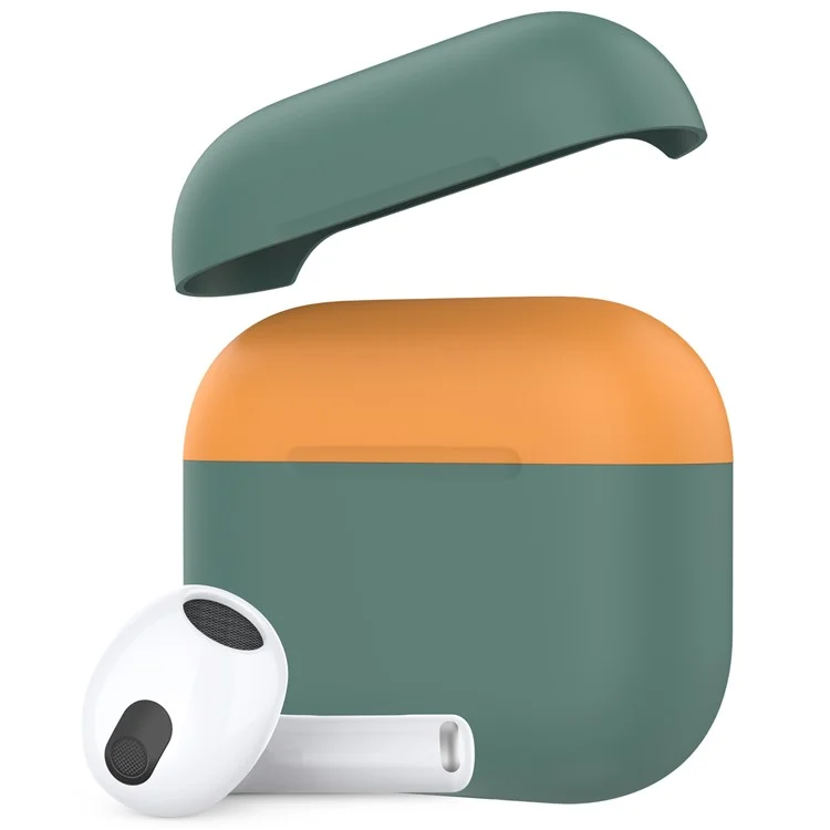 AHASTYLE PT147-2 Silicone Cover for Apple AirPods 3 Case Dual Color TWS Headset Protective Case (2 Caps + 1 Body) - Midnight Green / Orange