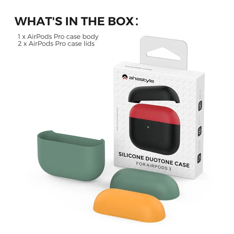 AHASTYLE PT147-2 Silicone Cover for Apple AirPods 3 Case Dual Color TWS Headset Protective Case (2 Caps + 1 Body) - Midnight Green / Orange