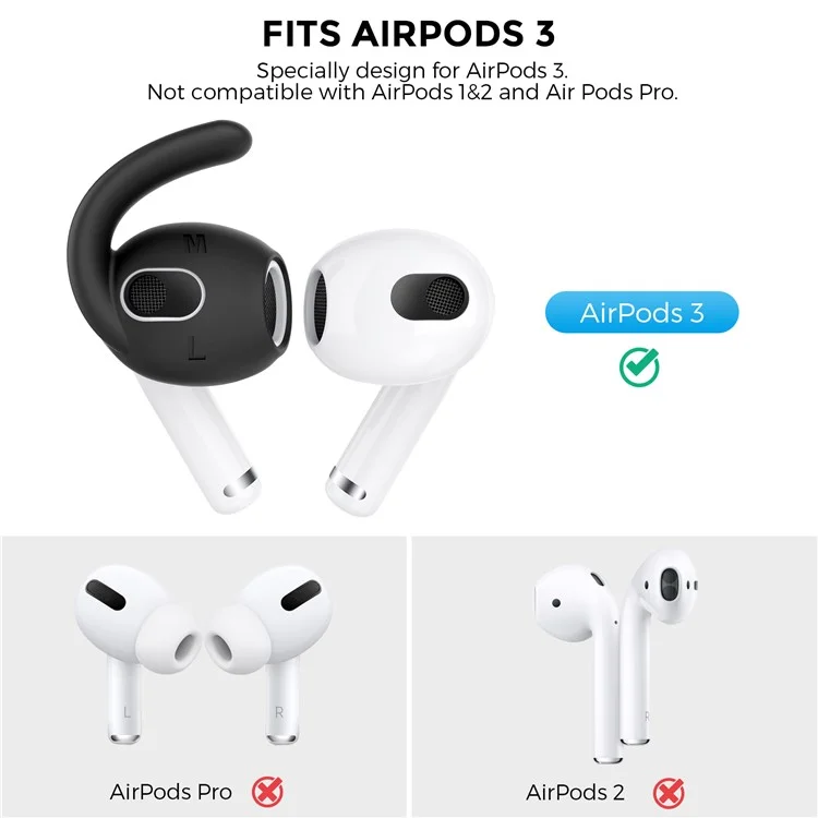 AHASTYLE PT60-3 3 Pares de Tamanho S / M / L Fone de Ouvido In-ear Eartips para Apple AirPods 3, Capa de Silicone Macio Anti-perda Earhook Earbuds - Preto