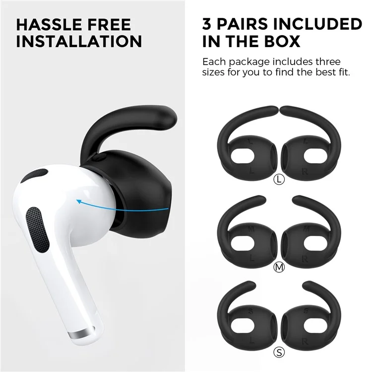 AHASTYLE PT60-3 3 Pares de Tamanho S / M / L Fone de Ouvido In-ear Eartips para Apple AirPods 3, Capa de Silicone Macio Anti-perda Earhook Earbuds - Preto