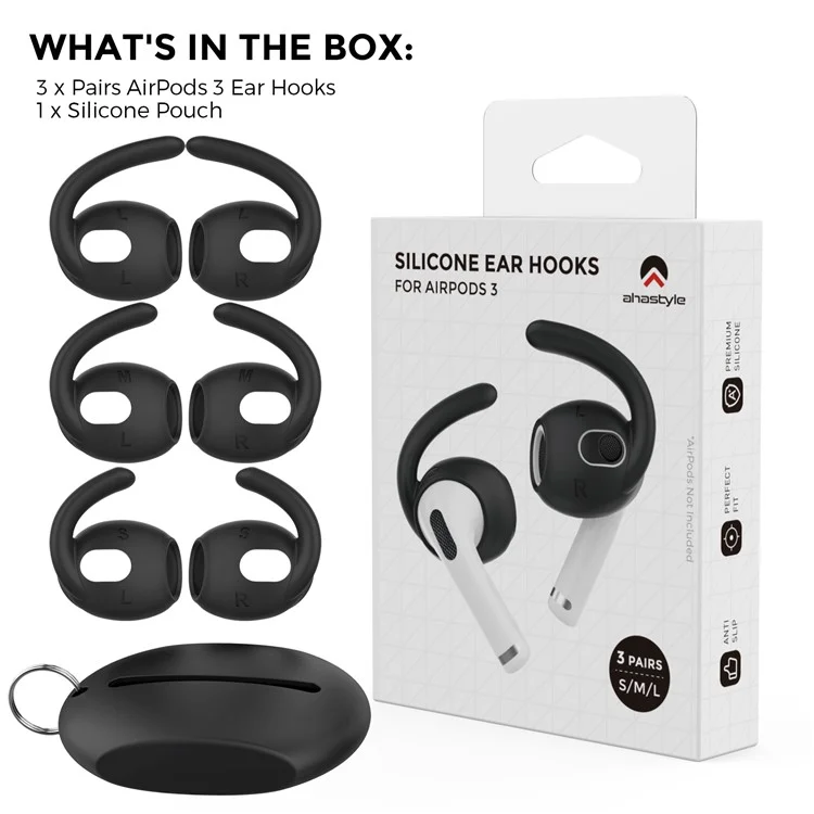 AHASTYLE PT60-3 3 Pares de Tamanho S / M / L Fone de Ouvido In-ear Eartips para Apple AirPods 3, Capa de Silicone Macio Anti-perda Earhook Earbuds - Preto