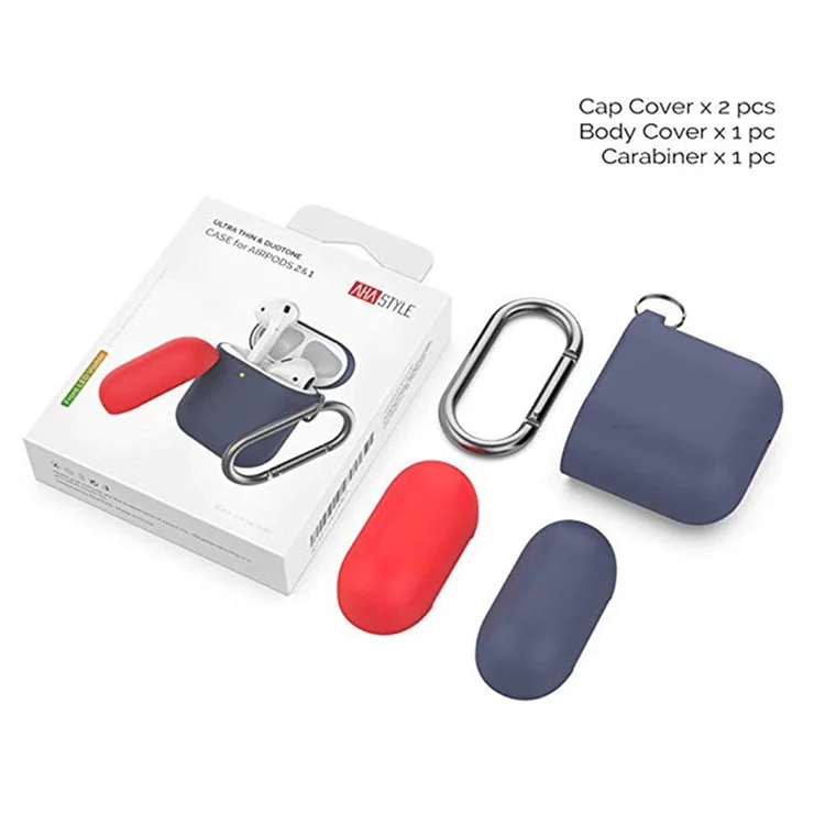 AHASTYLE PT-46 Per AirPods con custodia di ricarica (2016) / (2019) / AirPods con custodia di ricarica wireless (2019) Custodia protettiva a colori contrastanti Antiscivolo in silicone - Corpo-Blu navy / Top-Blu navy, Rosso