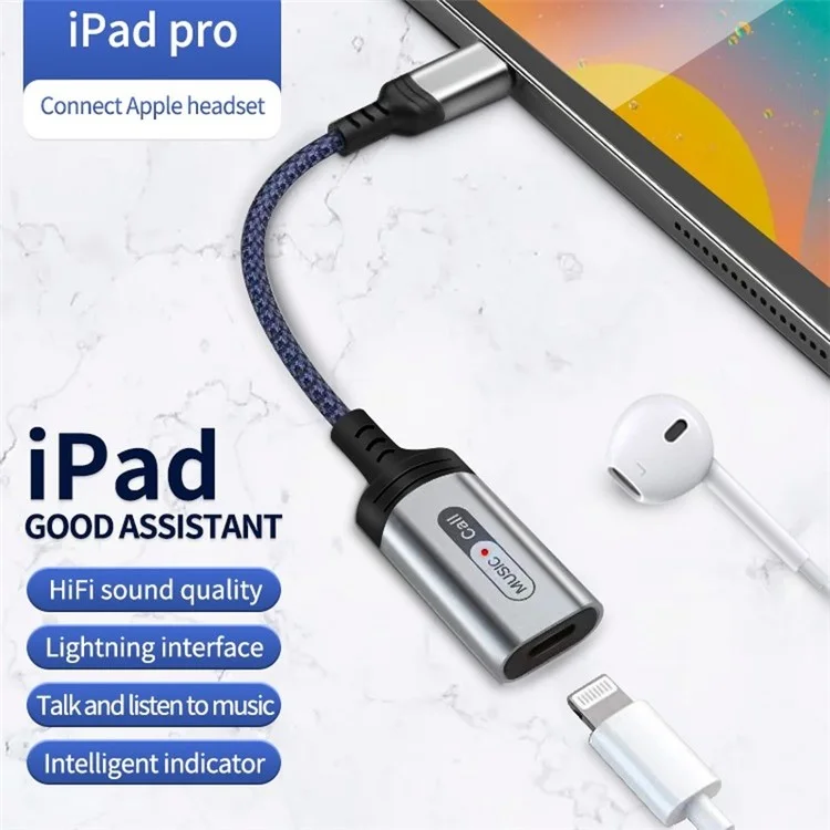 MH-306 USB C to 8 Pin Audio Adapter for iPad Pro Air 2022 / MacBook Air Type C to iOS Headphone Call Converter Cable - Grey