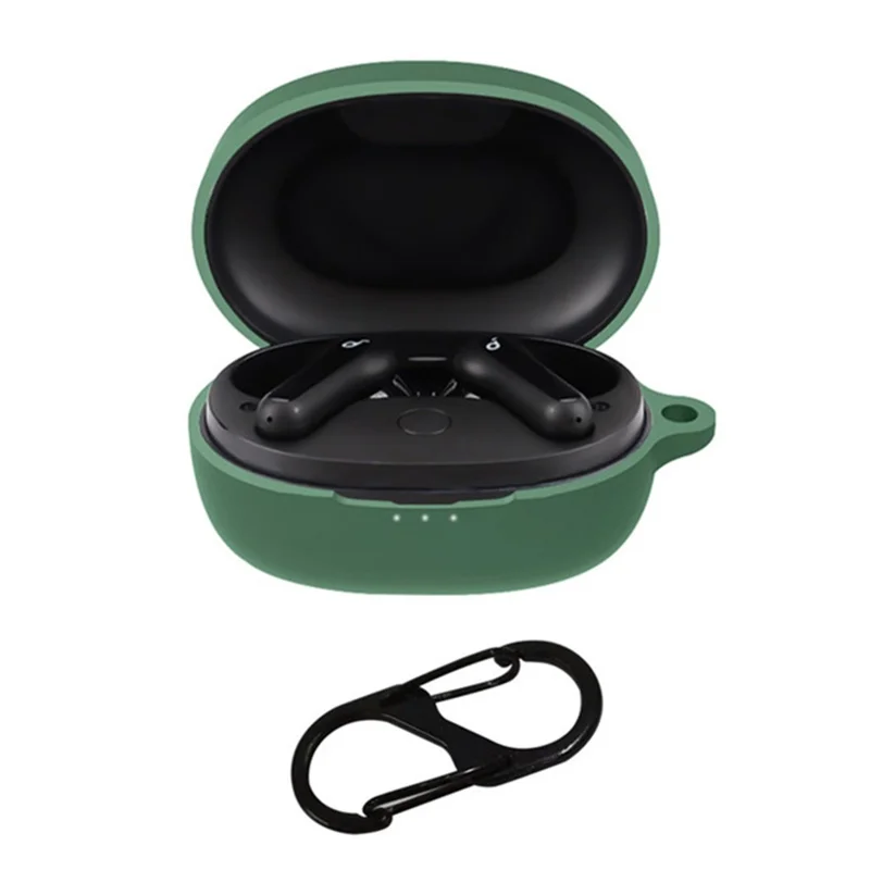 For Anker SoundCore Life P2 Mini Wireless Earphone Case Silicone Protector Cover with Anti-loss Buckle - Blackish Green