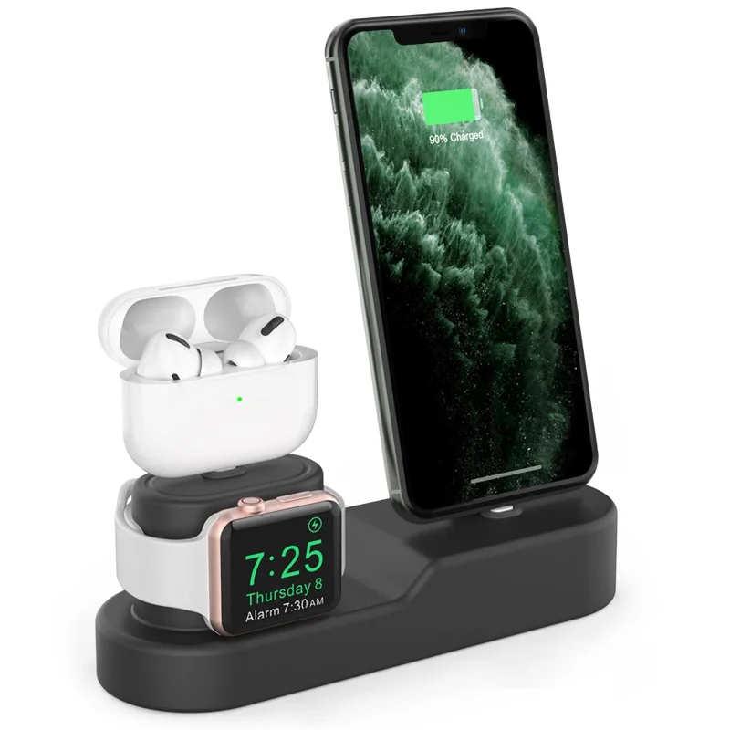 AHASTYLE PT28-3 For Apple Watch / Airpods / iPhone 3-in-1 Silicone Charging Stand Desktop Charging Base - Black