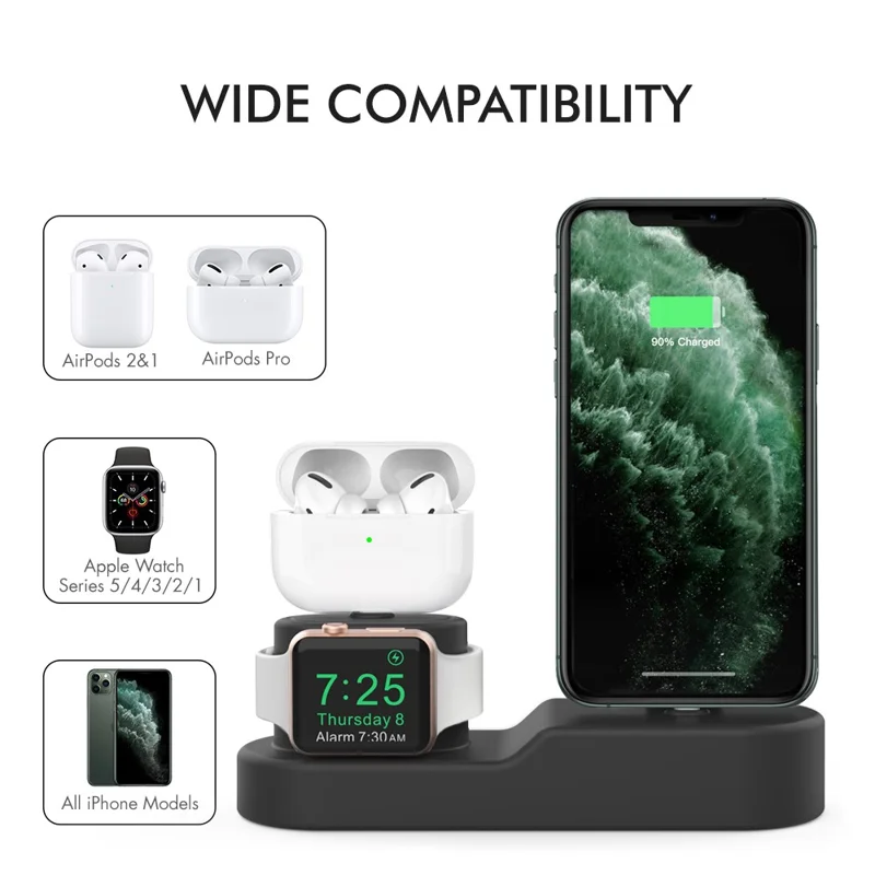 AHASTYLE PT28-3 For Apple Watch / Airpods / iPhone 3-in-1 Silicone Charging Stand Desktop Charging Base - Black