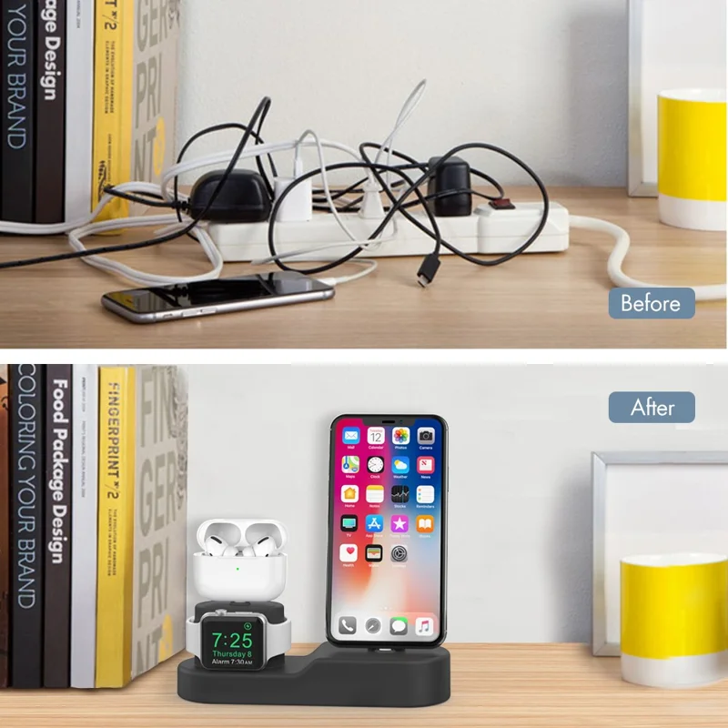 AHASTYLE PT28-3 For Apple Watch / Airpods / iPhone 3-in-1 Silicone Charging Stand Desktop Charging Base - Black