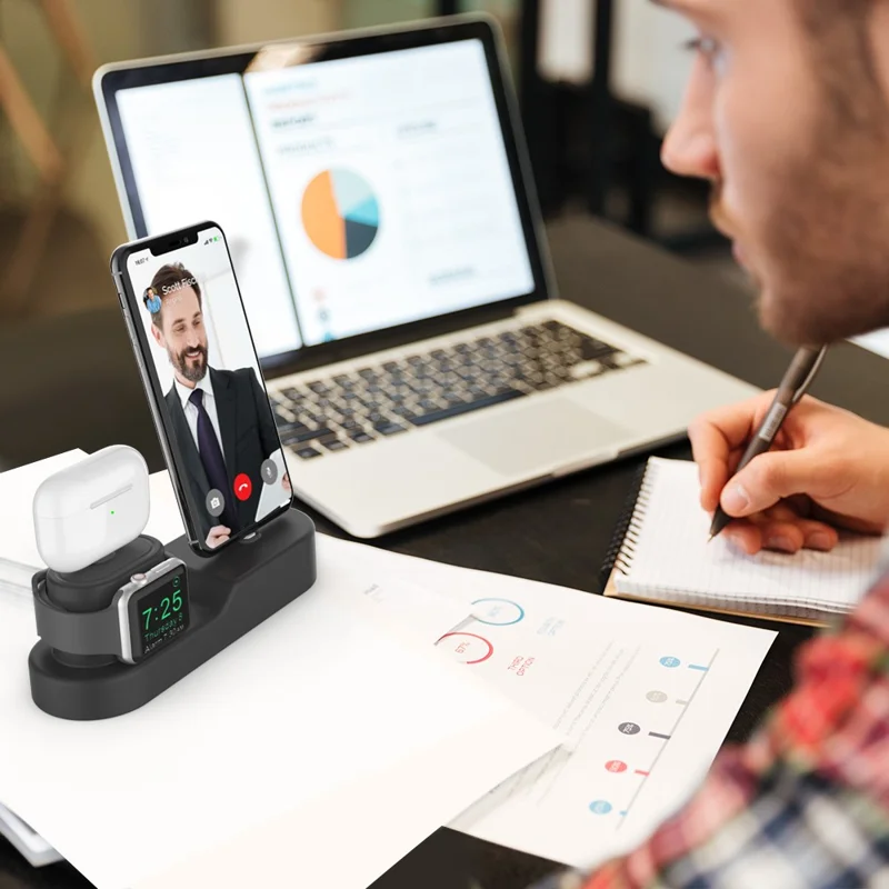 AHASTYLE PT28-3 For Apple Watch / Airpods / iPhone 3-in-1 Silicone Charging Stand Desktop Charging Base - Black