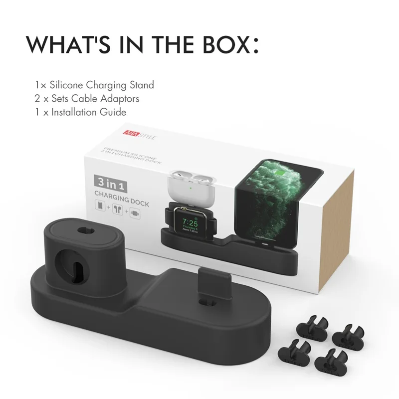 AHASTYLE PT28-3 For Apple Watch / Airpods / iPhone 3-in-1 Silicone Charging Stand Desktop Charging Base - Black