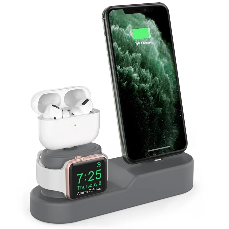 AHASTYLE PT28-3 For Apple Watch / AirPods / iPhone 3-in-1 Silicone Charging Stand Desktop Charging Base - Grey