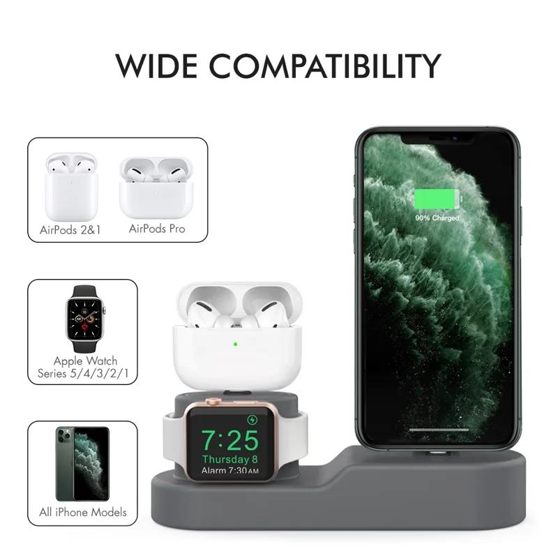AHASTYLE PT28-3 For Apple Watch / AirPods / iPhone 3-in-1 Silicone Charging Stand Desktop Charging Base - Grey