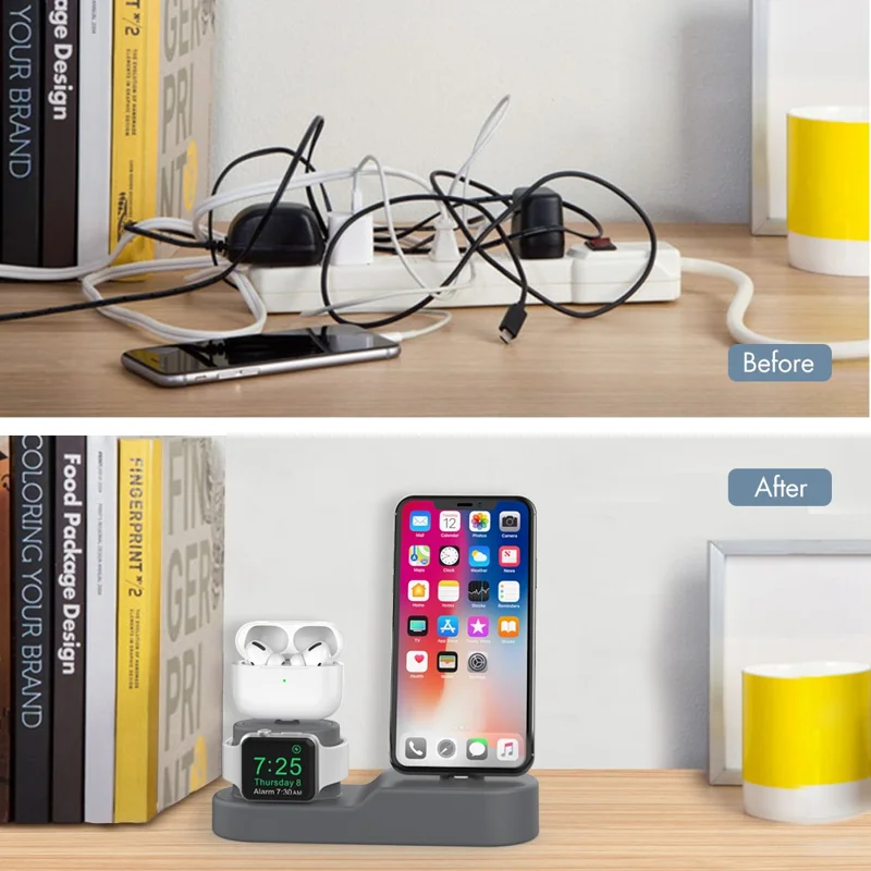 AHASTYLE PT28-3 For Apple Watch / AirPods / iPhone 3-in-1 Silicone Charging Stand Desktop Charging Base - Grey