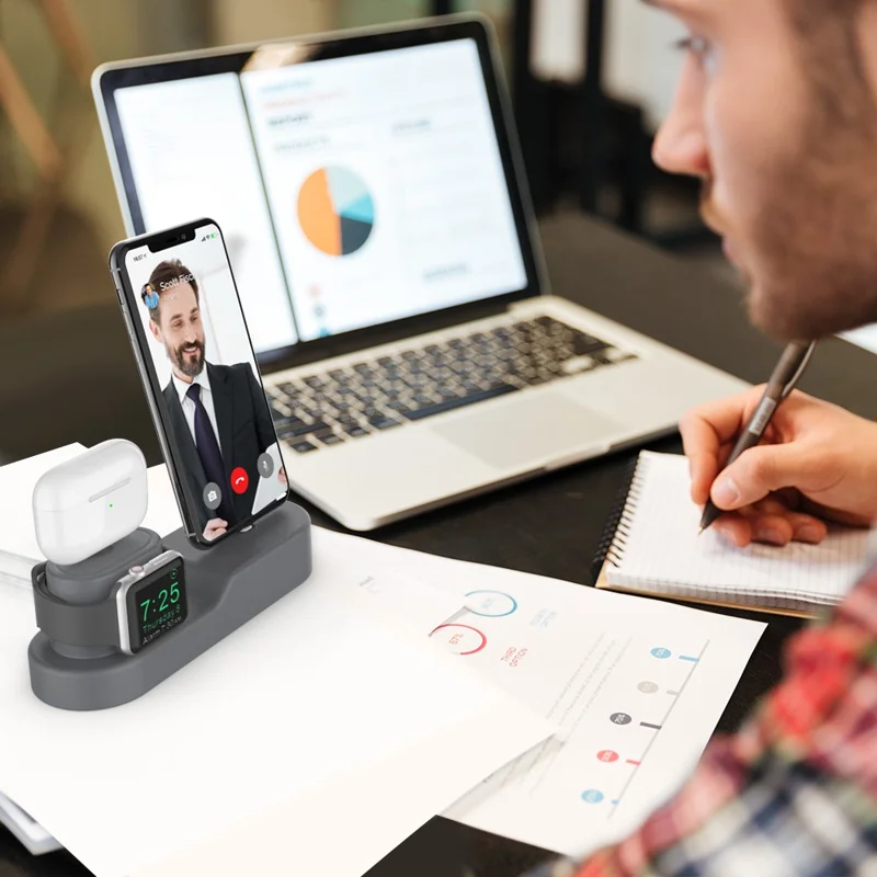 AHASTYLE PT28-3 For Apple Watch / AirPods / iPhone 3-in-1 Silicone Charging Stand Desktop Charging Base - Grey