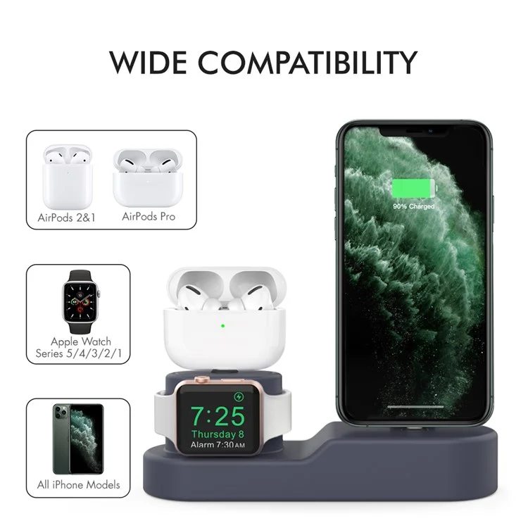 AHASTYLE PT28-3 para Apple Watch / AirPods / iPhone Soporte de carga de silicona de 3 en 1 Base de carga de escritorio - Azul