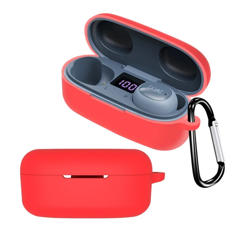 Silicone Case for Boat Airdopes 121 V2 Protective Cover Bluetooth-compatible Earbuds Case Cover with Anti-Loss Buckle - Red