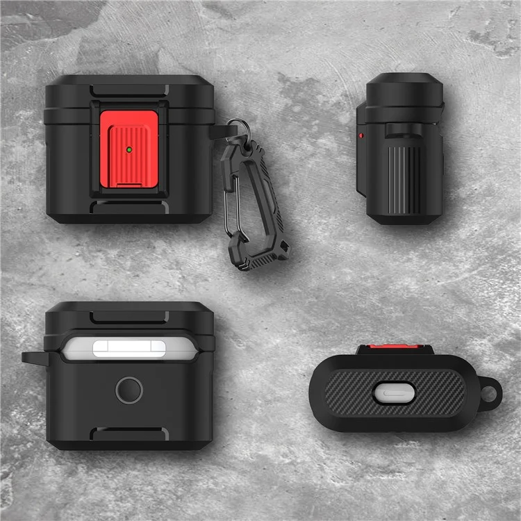 Para el estuche de los auriculares Apple AirPods 3 Estuche de PC + TPU Lock Design Estuche para auriculares con hebilla colgante - Negro / Rojo