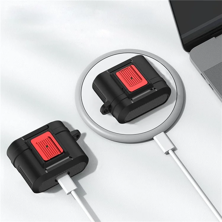 Para el estuche de los auriculares Apple AirPods 3 Estuche de PC + TPU Lock Design Estuche para auriculares con hebilla colgante - Negro / Rojo