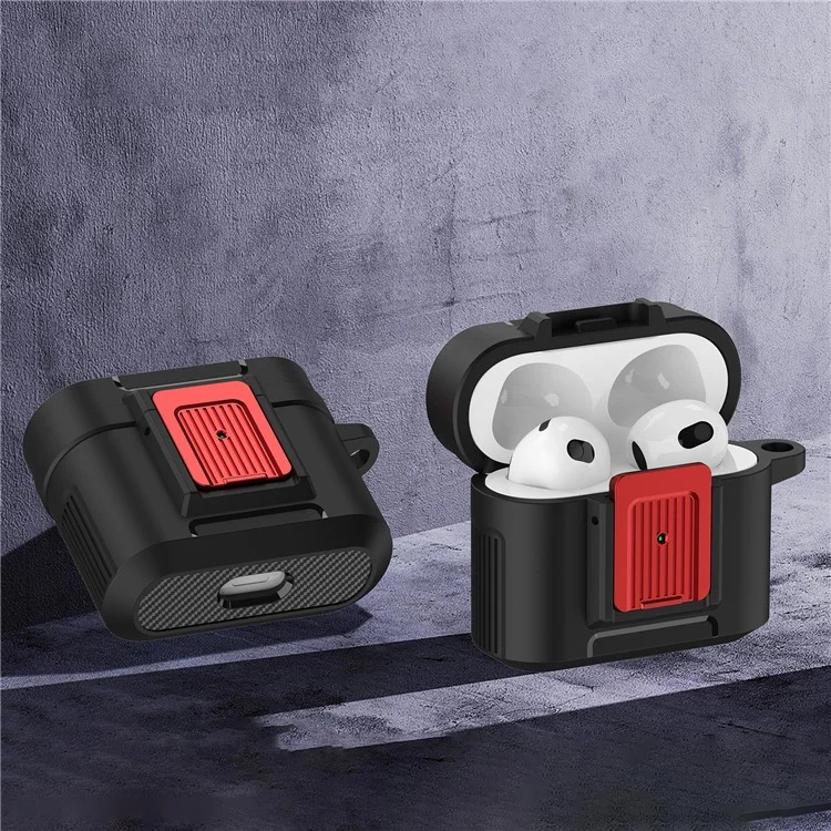 Para el estuche de los auriculares Apple AirPods 3 Estuche de PC + TPU Lock Design Estuche para auriculares con hebilla colgante - Negro / Rojo