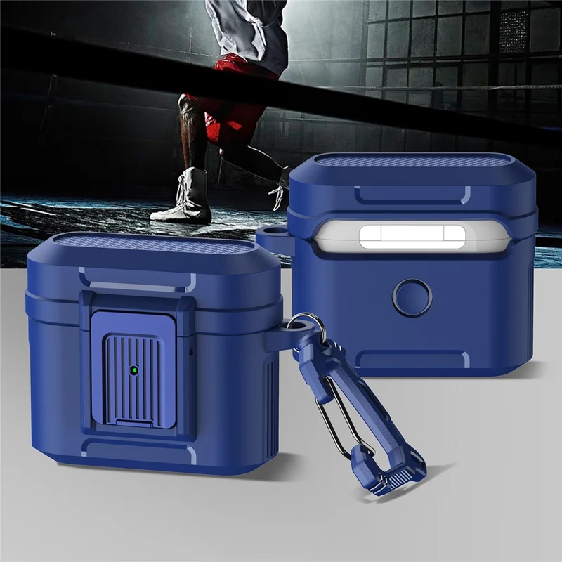 For Apple AirPods 3 Earphone Case PC + TPU Lock Design Earbud Cover with Hanging Buckle - Blue