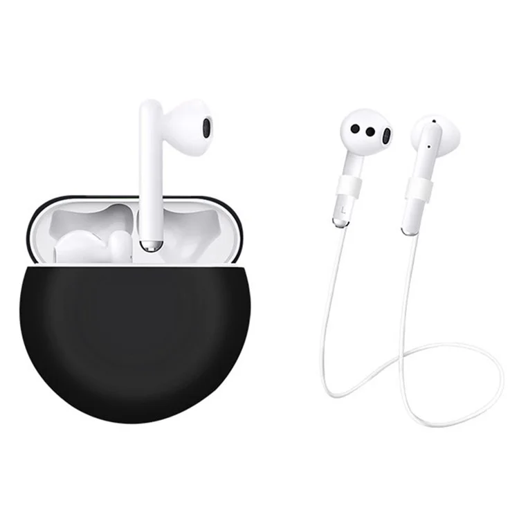 2Pcs / Set For Huawei Freebuds 3 Bluetooth-compatible Headset Soft Silicone Protective Case with Anti-lost Neck Strap - Black