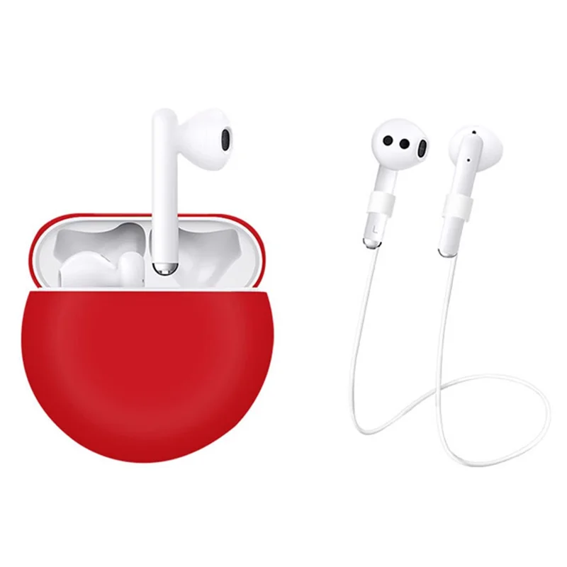 2Pcs / Set For Huawei Freebuds 3 Bluetooth-compatible Headset Soft Silicone Protective Case with Anti-lost Neck Strap - Red