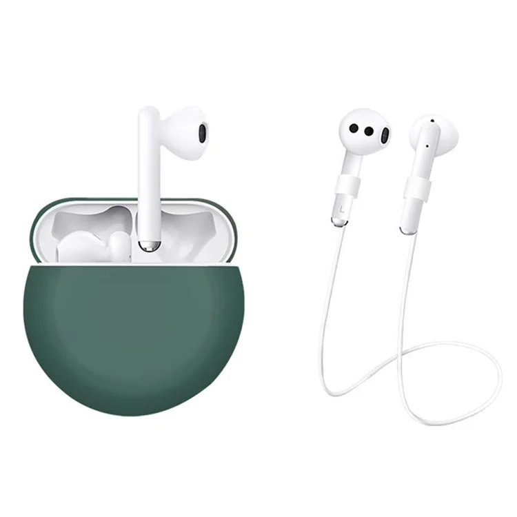 2Pcs / Set For Huawei Freebuds 3 Bluetooth-compatible Headset Soft Silicone Protective Case with Anti-lost Neck Strap - Blackish Green