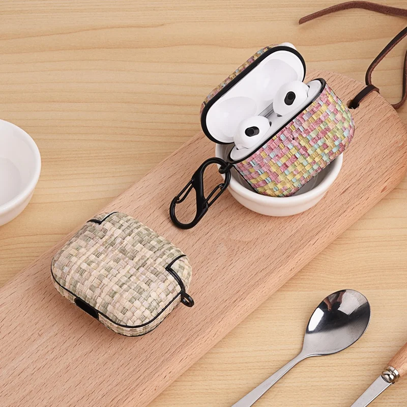 Shockproof Case for Apple AirPods 3 Woven Texture PU Leather PC Case Bluetooth-compatible Headset Cover - Pink