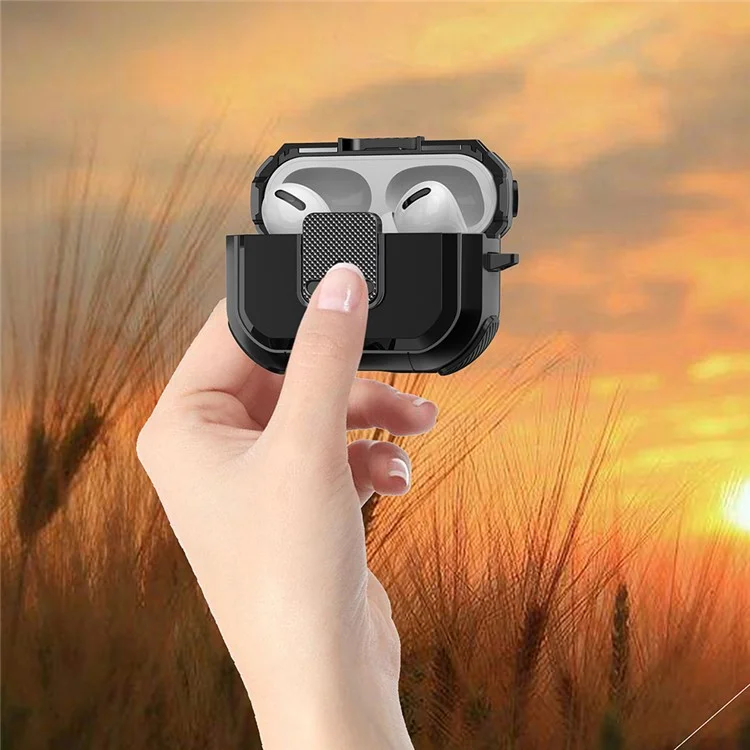 Capa à prova de choques para a capa de proteção da Apple AirPods Pro, com trava, mosquetão TWS Headset TPU PC - Preto