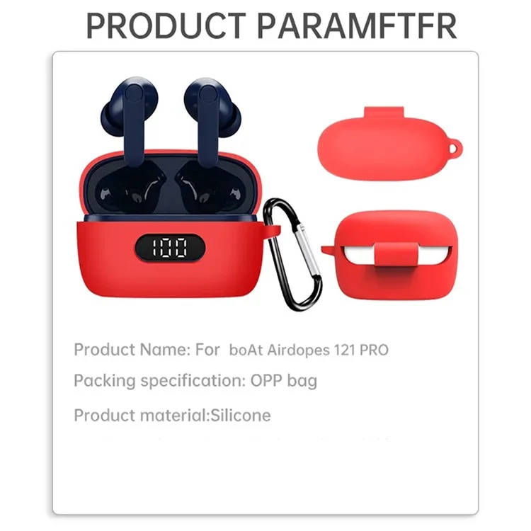 Drop-proof Silicone Cover for BOAT Airdopes 121 Pro Bluetooth-compatible Earphone Protective Sleeve with Carabiner - Red