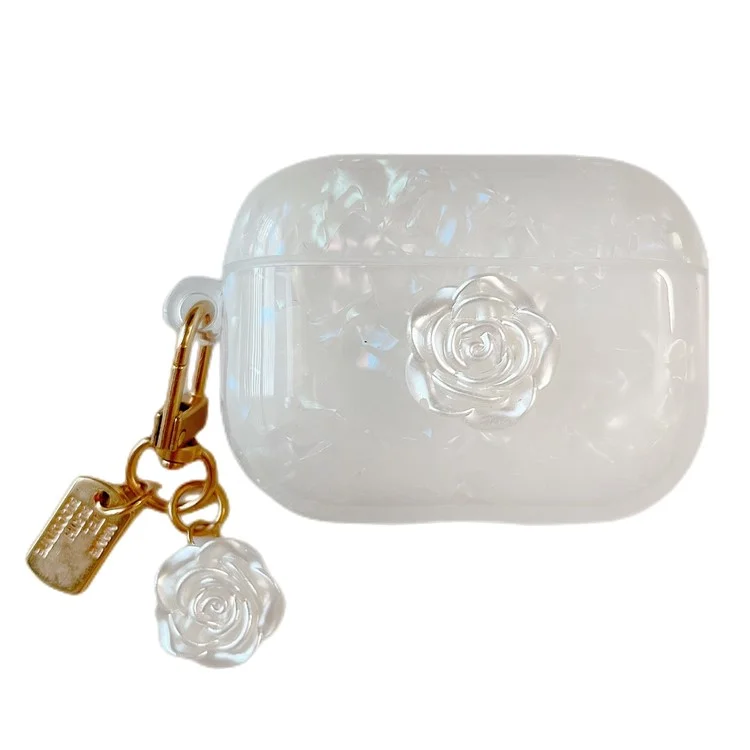 Para Capa Antichoque dos AirPods Pro 2 com Decoração de Camélia, Capa Anti-Queda de TPU com Padrão de Grão de Concha de Camélia